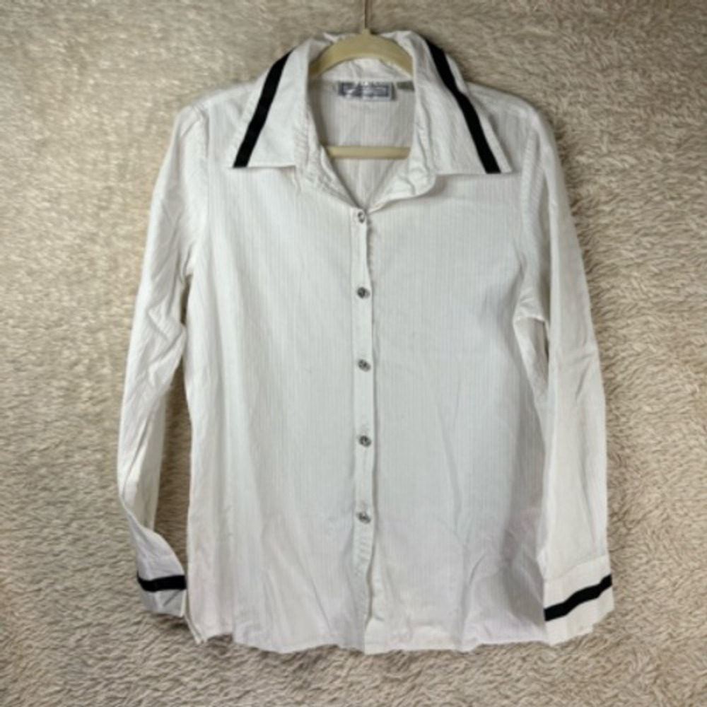 Simonton Says Button Front Shirt Womens M White‎ Black Striped Collar Career Top